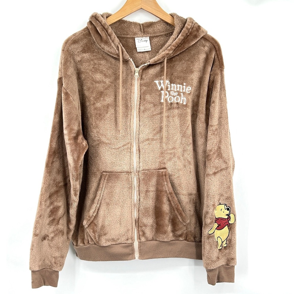 Disney Hoodie Women's Winnie the Pooh Plush Zip Soft Cozy Brown Fleece Large